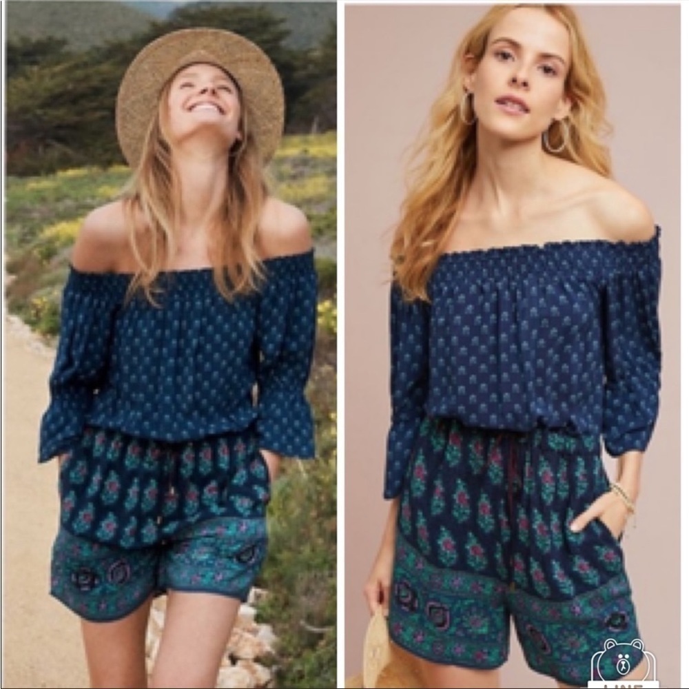 Anthropologie ett:twa Kaleo Romper Off the Shoulder Blue Green Pink Sz XS